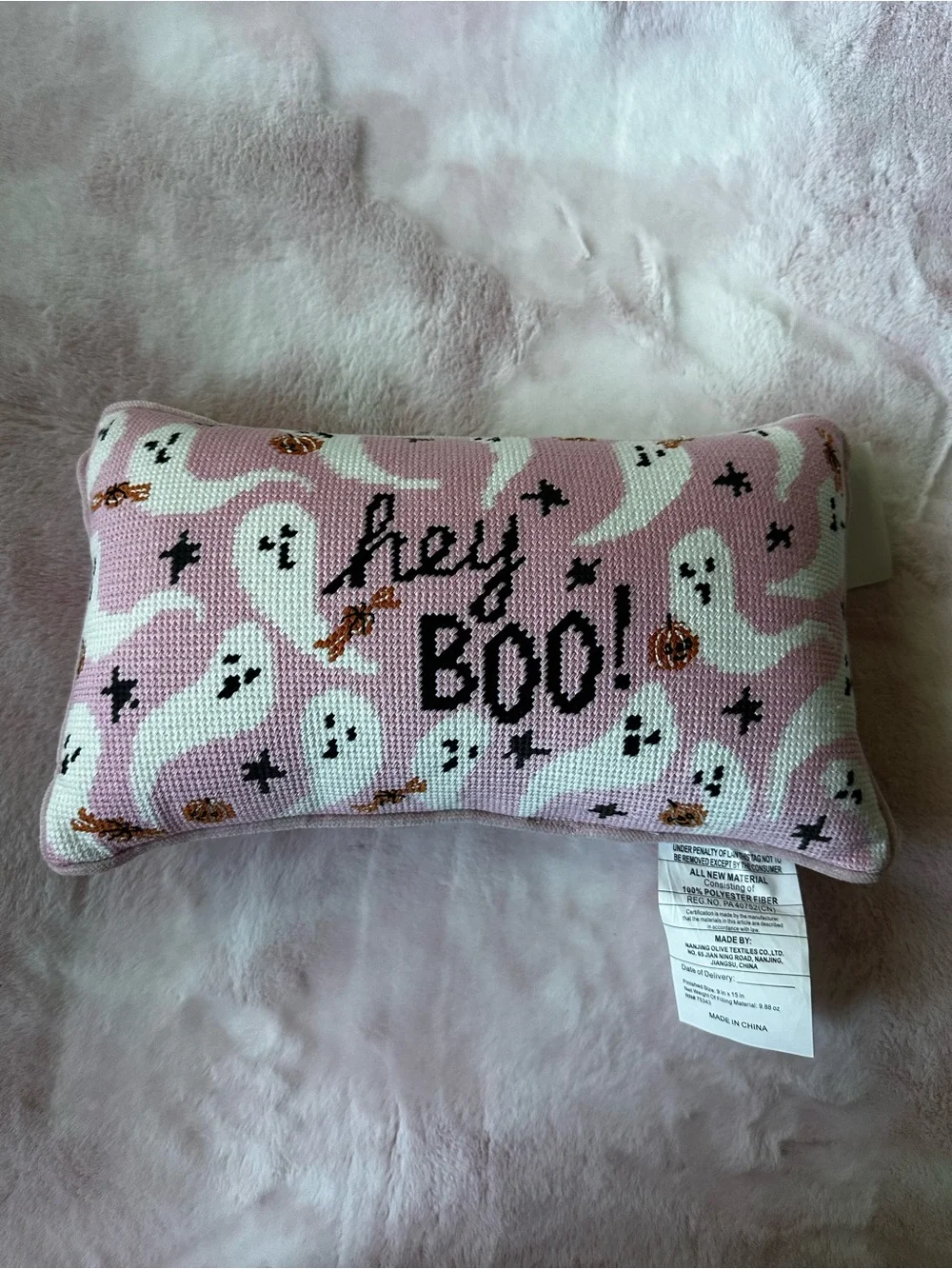 Hey Boo! Ghost Needlepoint Decorative Pink Pillow Martha Stewart NWT
